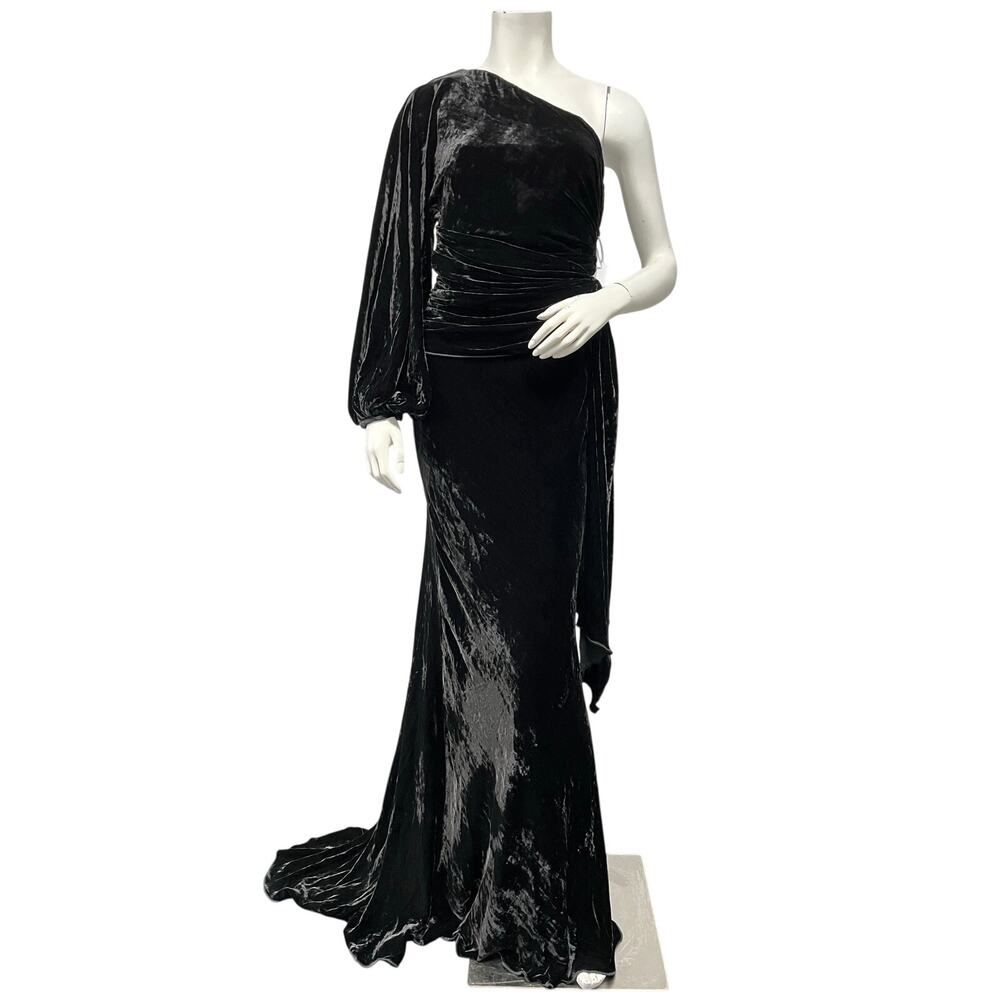 NWT Maria Lucia Hohan Amaris Black Silk Velvet One Shoulder Evening Gown US 4
